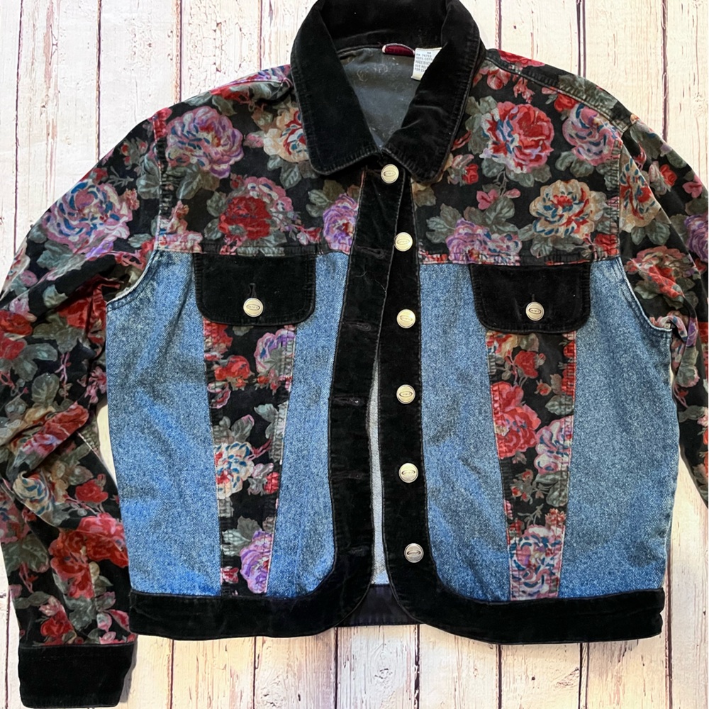 90s Vintage denim velvet floral jacket
